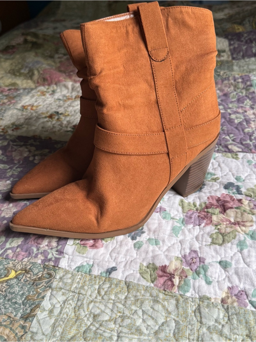JustFab Cognac Pointed-Toe Suede Ankle Booties